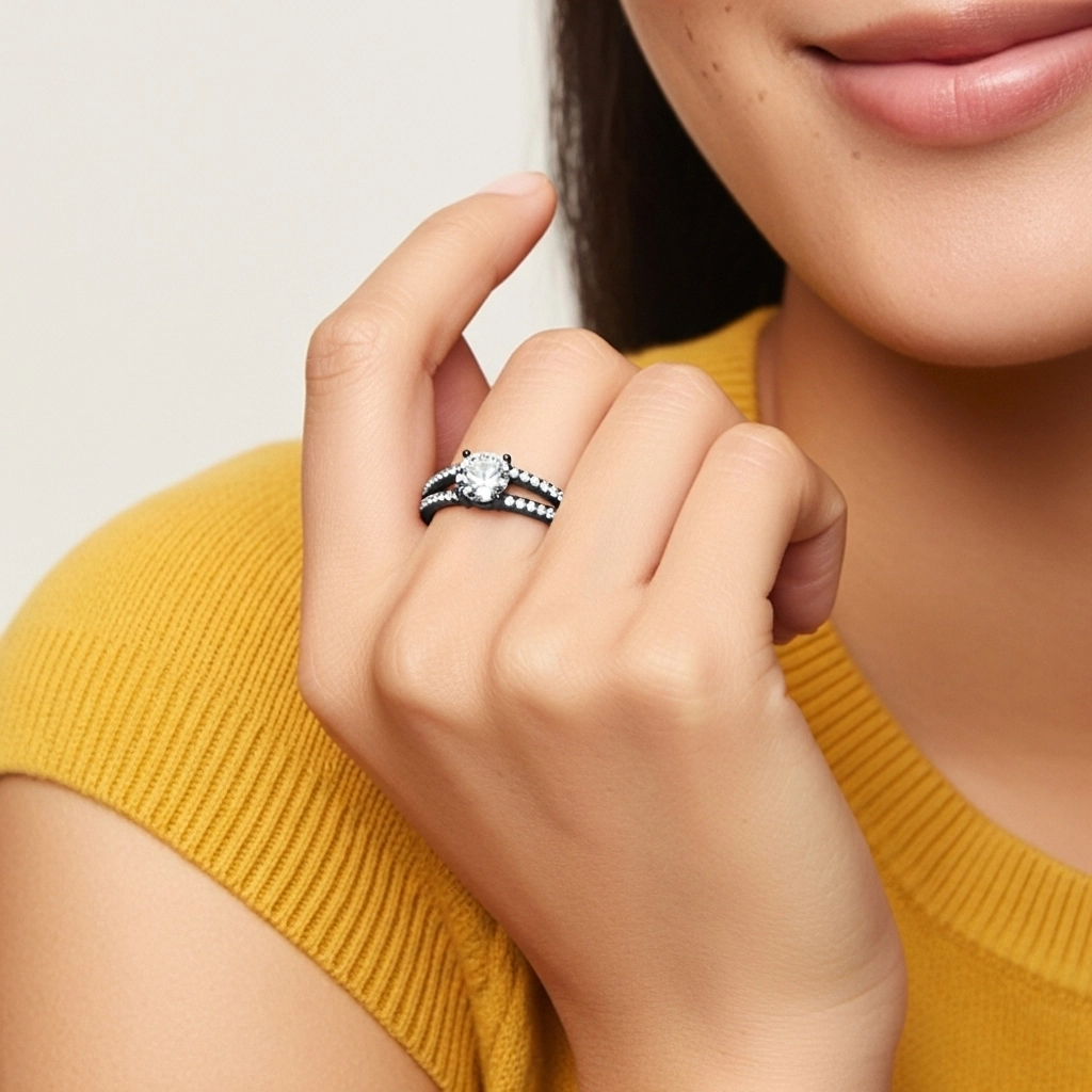 Argent sterling 925 Pavé Tige Fendue Bague de fiançailles