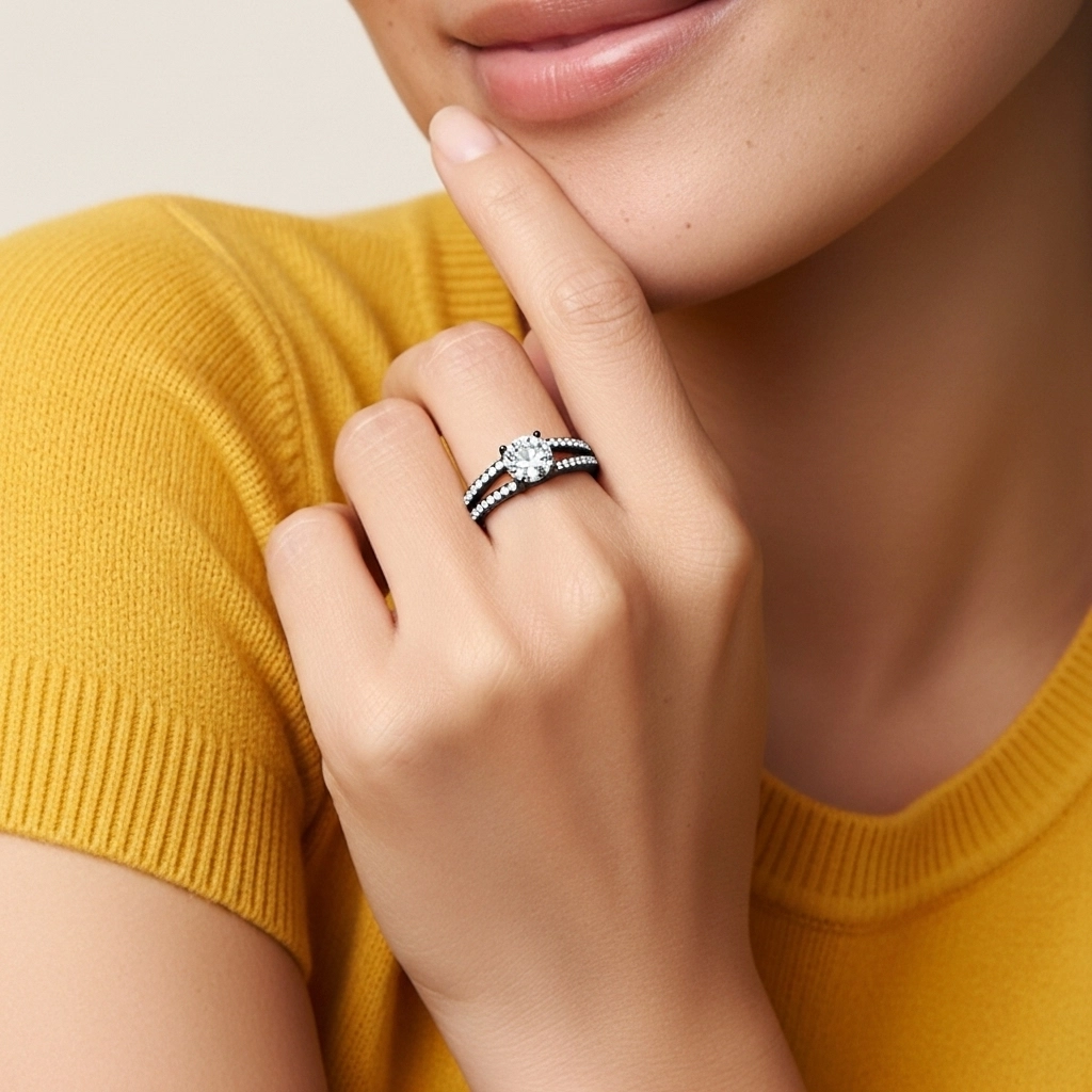 Argent sterling 925 Pavé Tige Fendue Bague de fiançailles