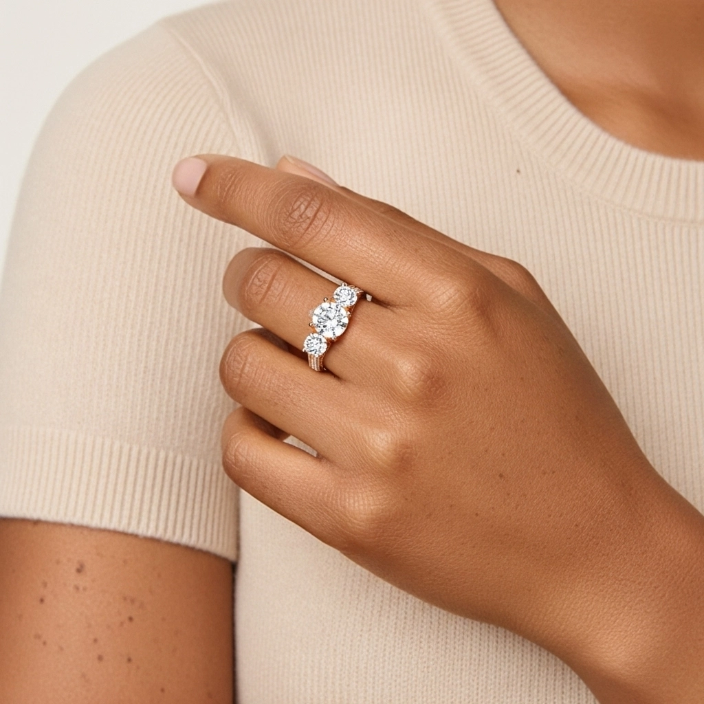 925 Sterling Silver Three Stone Trellis Straight Shank Engagement Ring