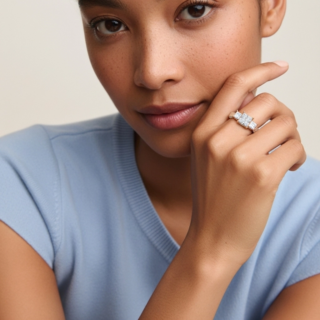 Oro rosa 18K Piedra triple Pata recta Anillo de Compromiso