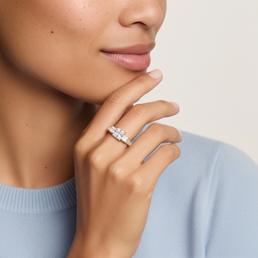 Oro rosa 18K Piedra triple Pata recta Anillo de Compromiso