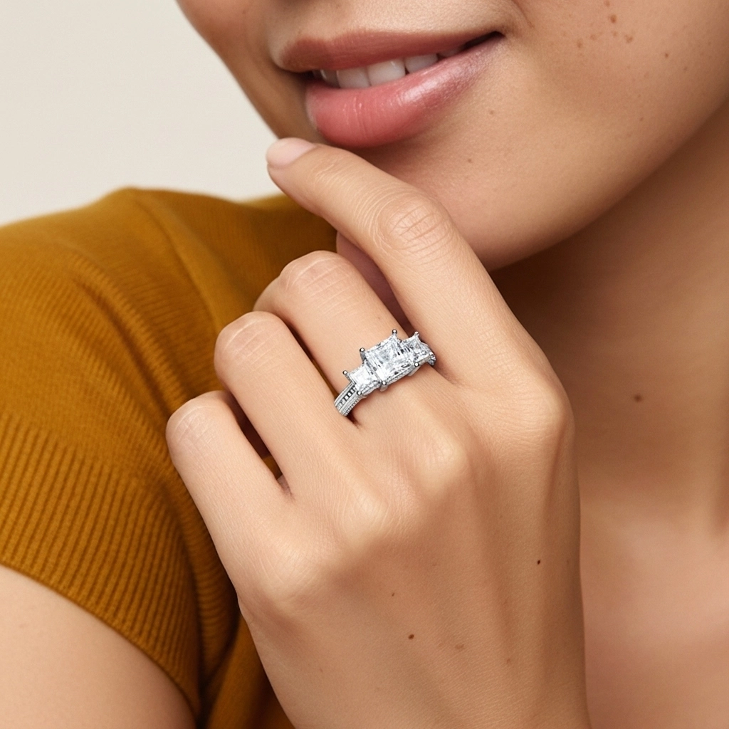 925 Sterling Silver Three Stone Straight Shank Engagement Ring