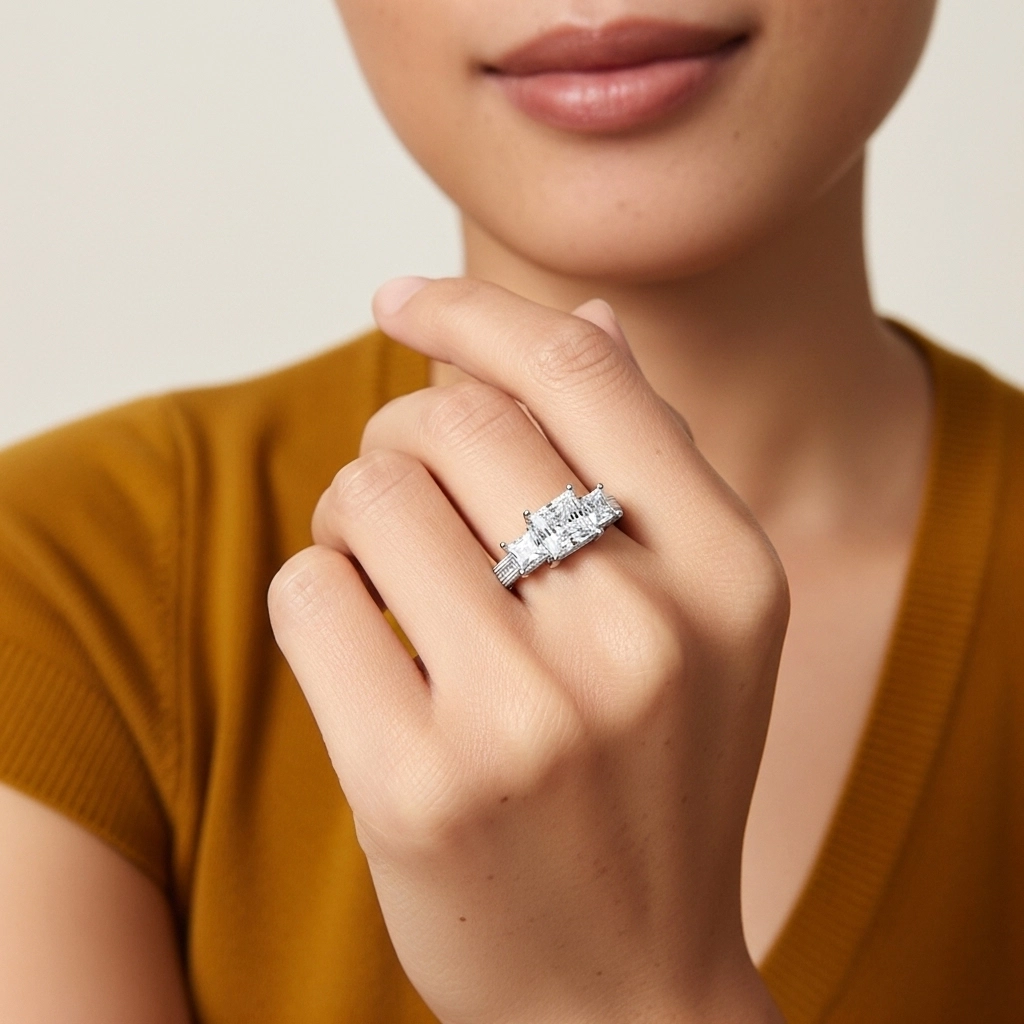 925 Sterling Silver Three Stone Straight Shank Engagement Ring