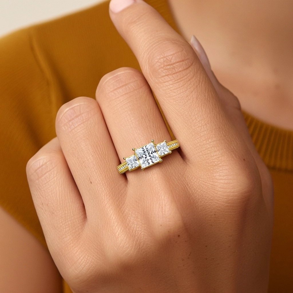 18K Gold Three Stone Straight Shank Engagement Ring