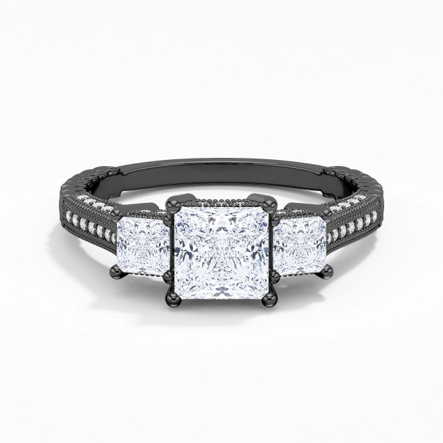 Noir Trois pierres Rétro Perlé Crené 1.50ct Moissanite Bague de fiançailles Tige Droite Argent sterling 925