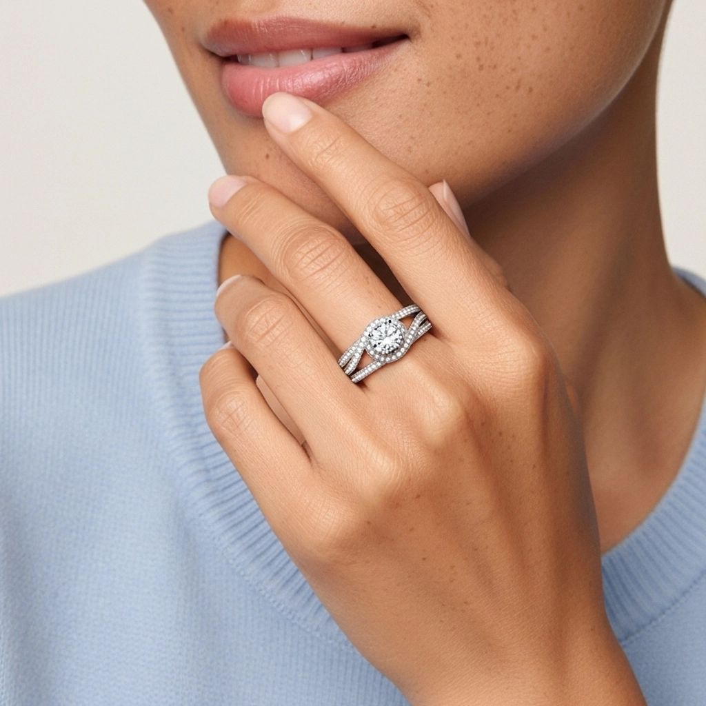 Perlé Halo Pavé Bague de fiançailles 1.00ct Moissanite