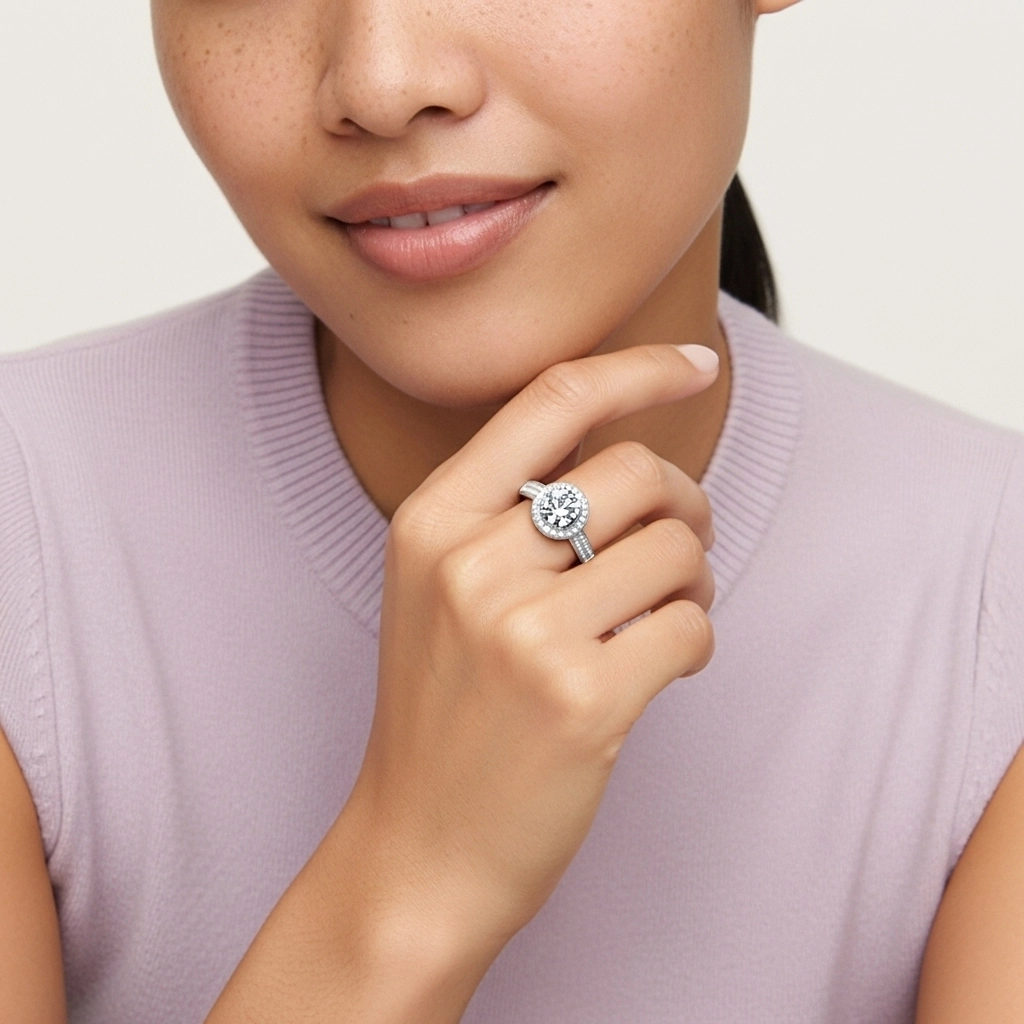 Platinum Halo Pavé Straight Shank Engagement Ring