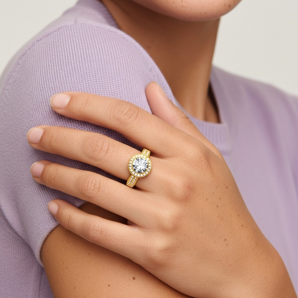 925 Sterling Silver Halo Pavé Straight Shank Engagement Ring