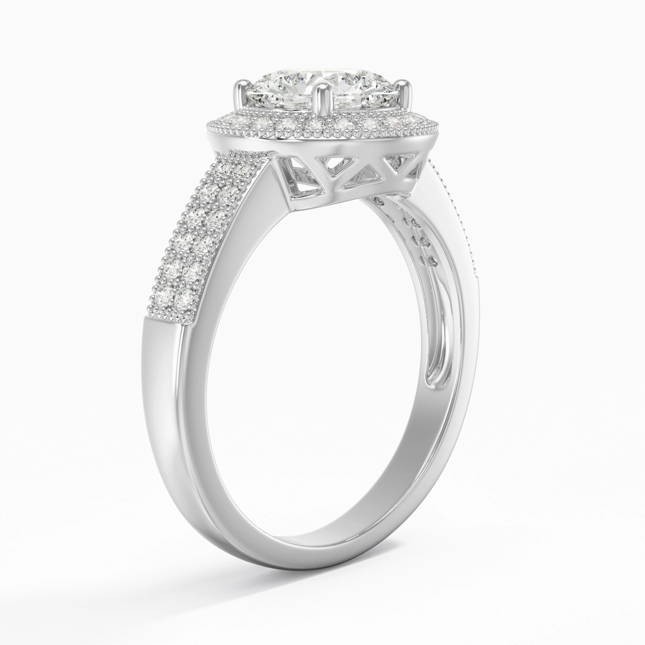 Platinum Halo Pavé Straight Shank Engagement Ring