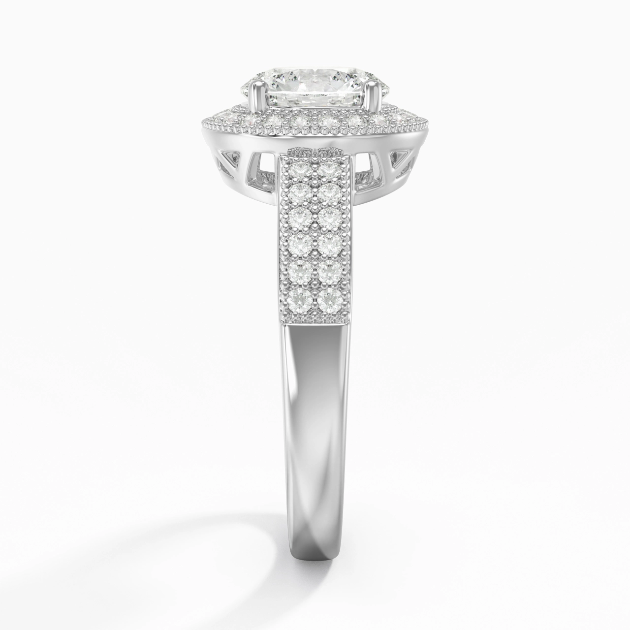 Platinum Halo Pavé Straight Shank Engagement Ring