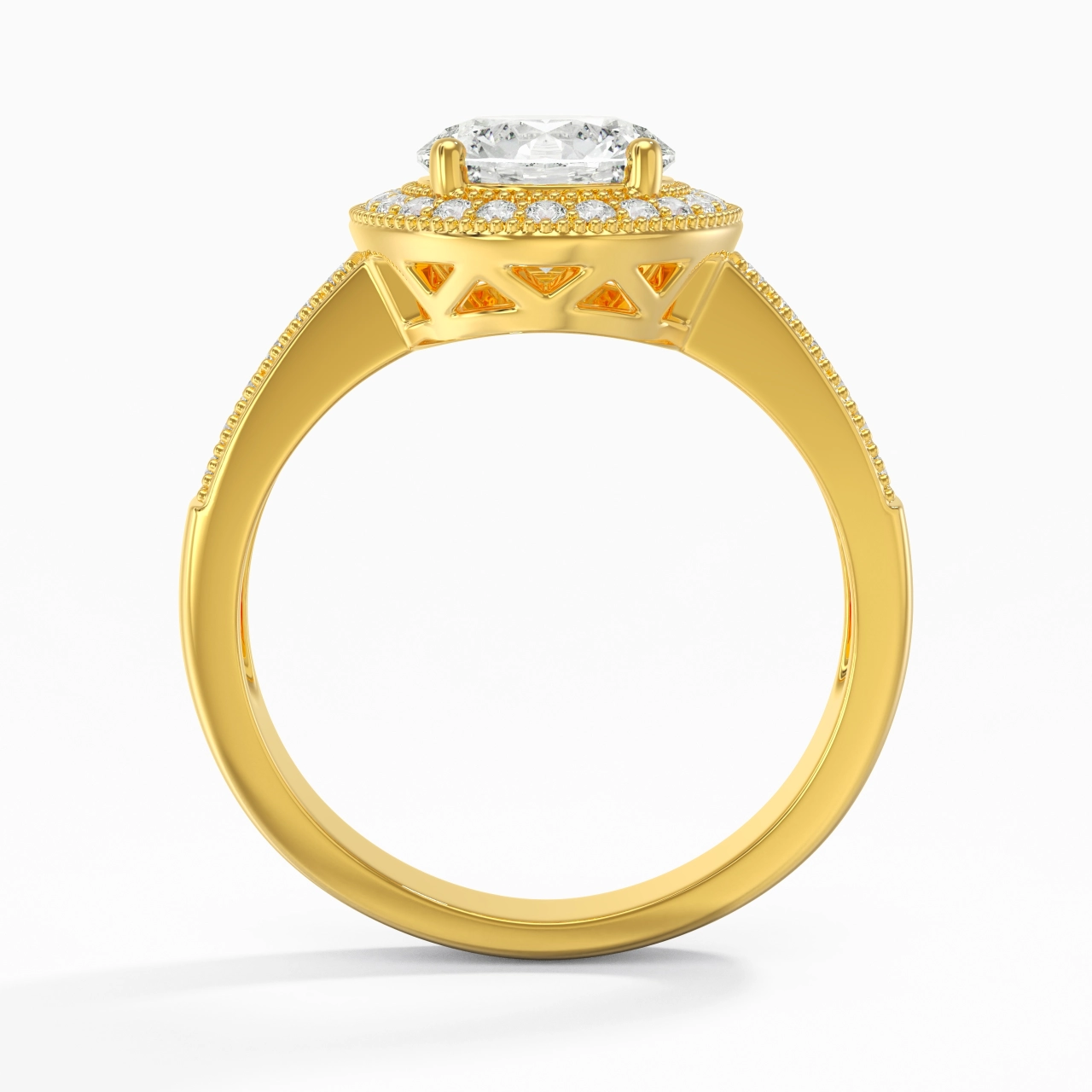 18K Gold Halo Pavé Straight Shank Engagement Ring