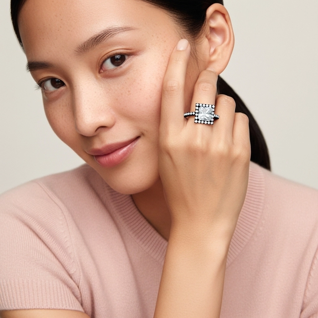 Argent sterling 925 Halo Tige Droite Bague de fiançailles