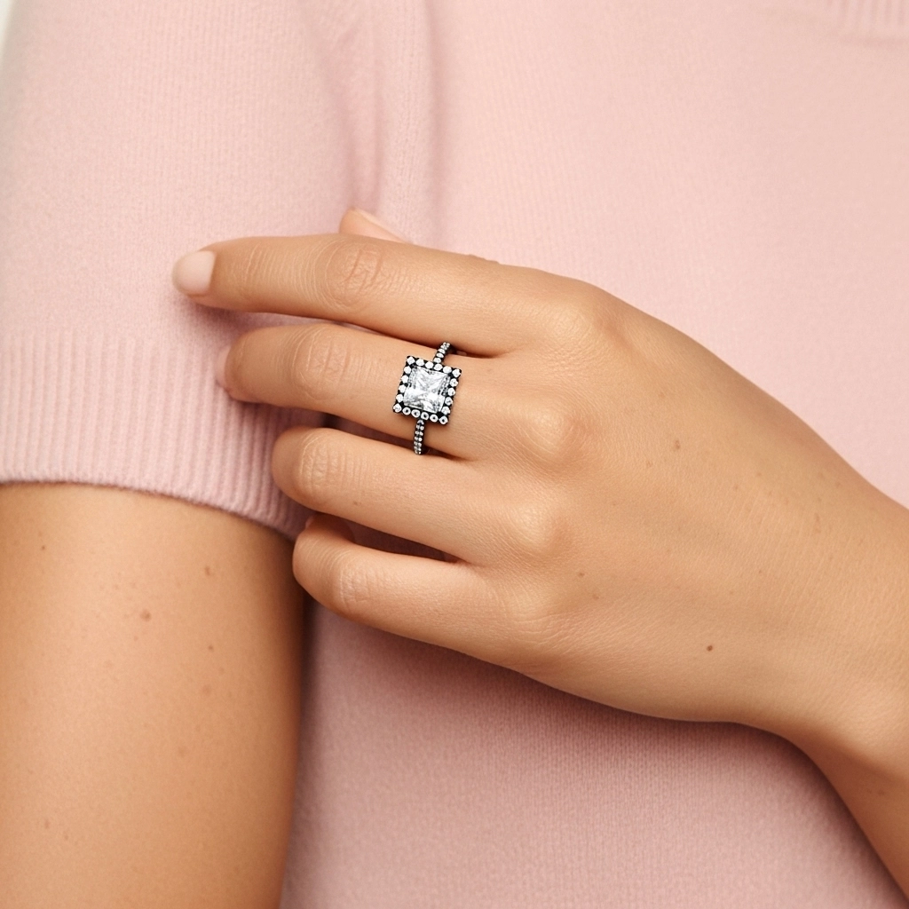 Argent sterling 925 Halo Tige Droite Bague de fiançailles