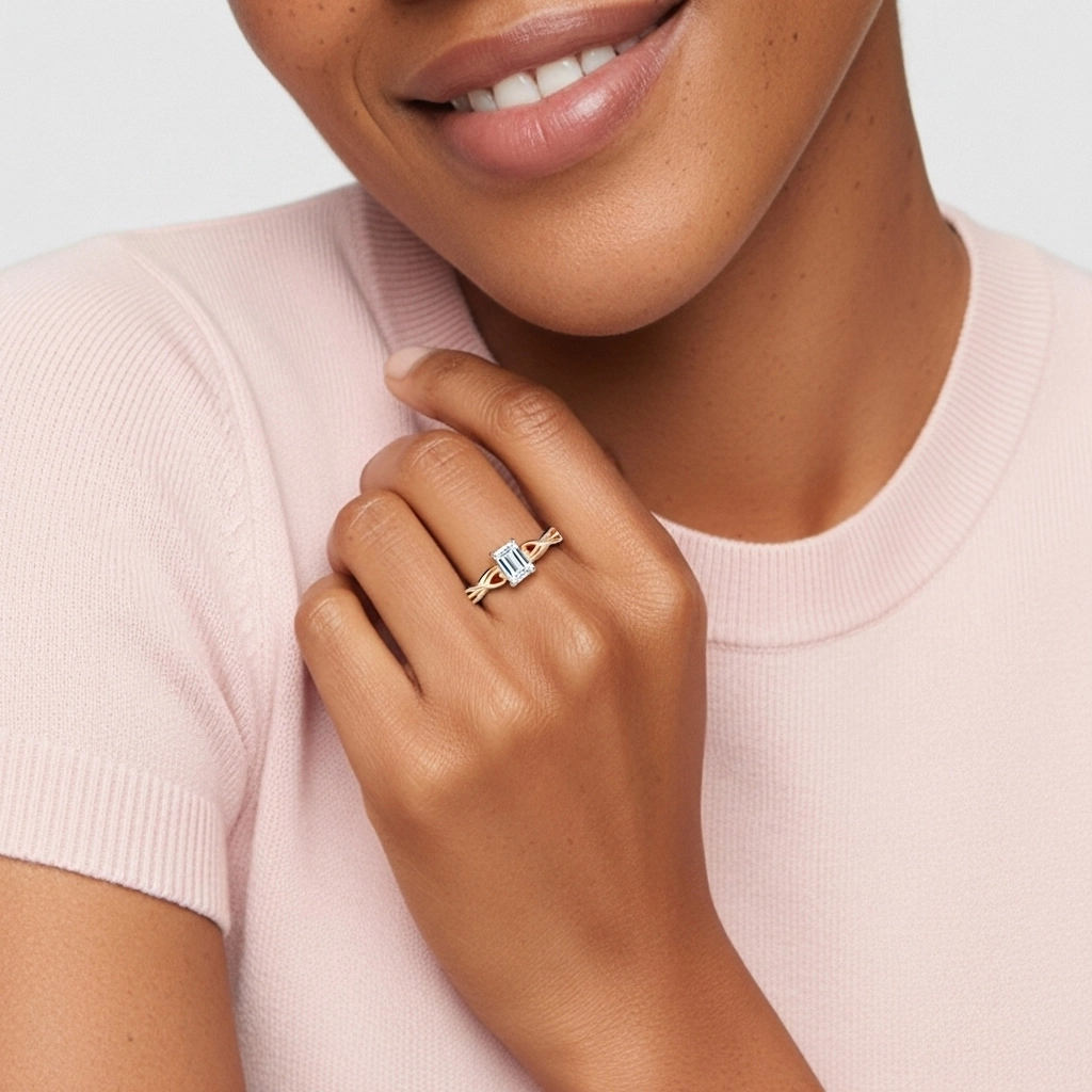 Modern Heart Emerald Cut Engagement Ring