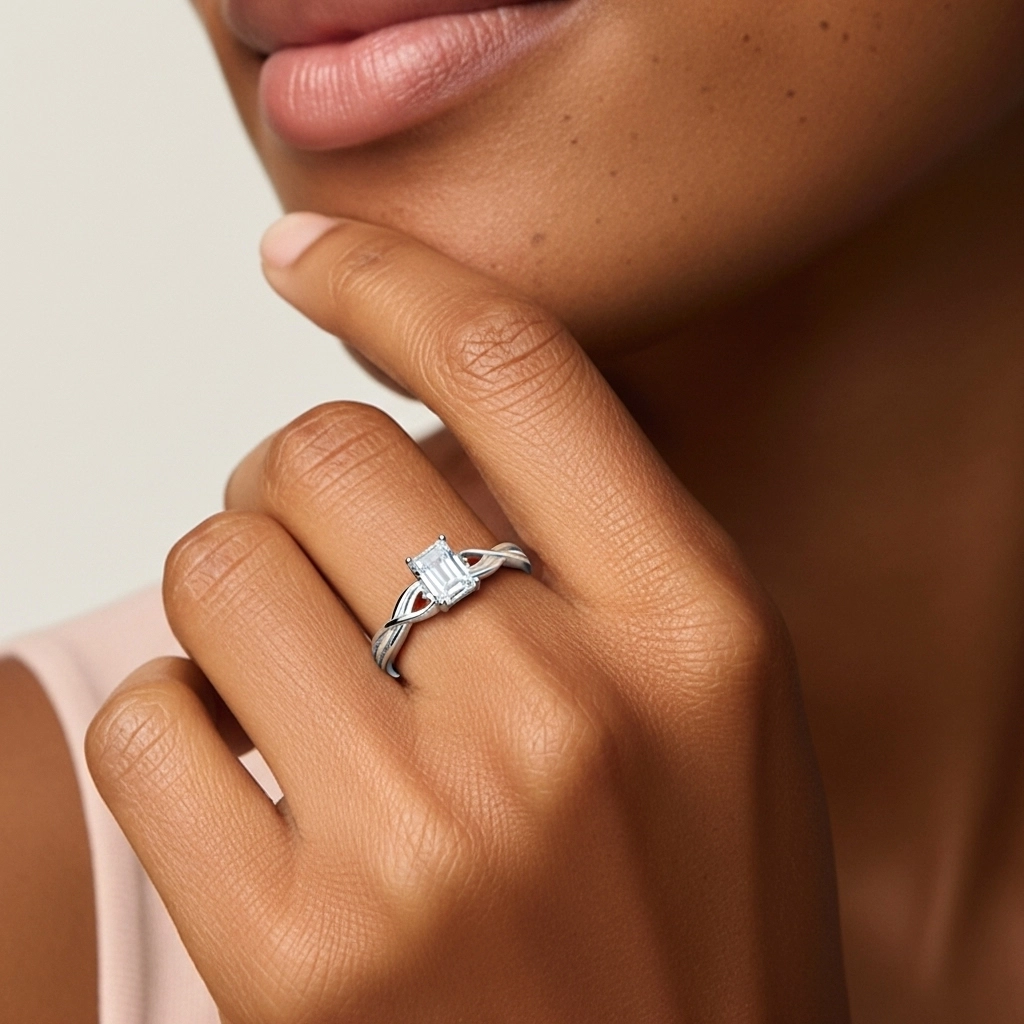 Modern Heart Emerald Cut Engagement Ring