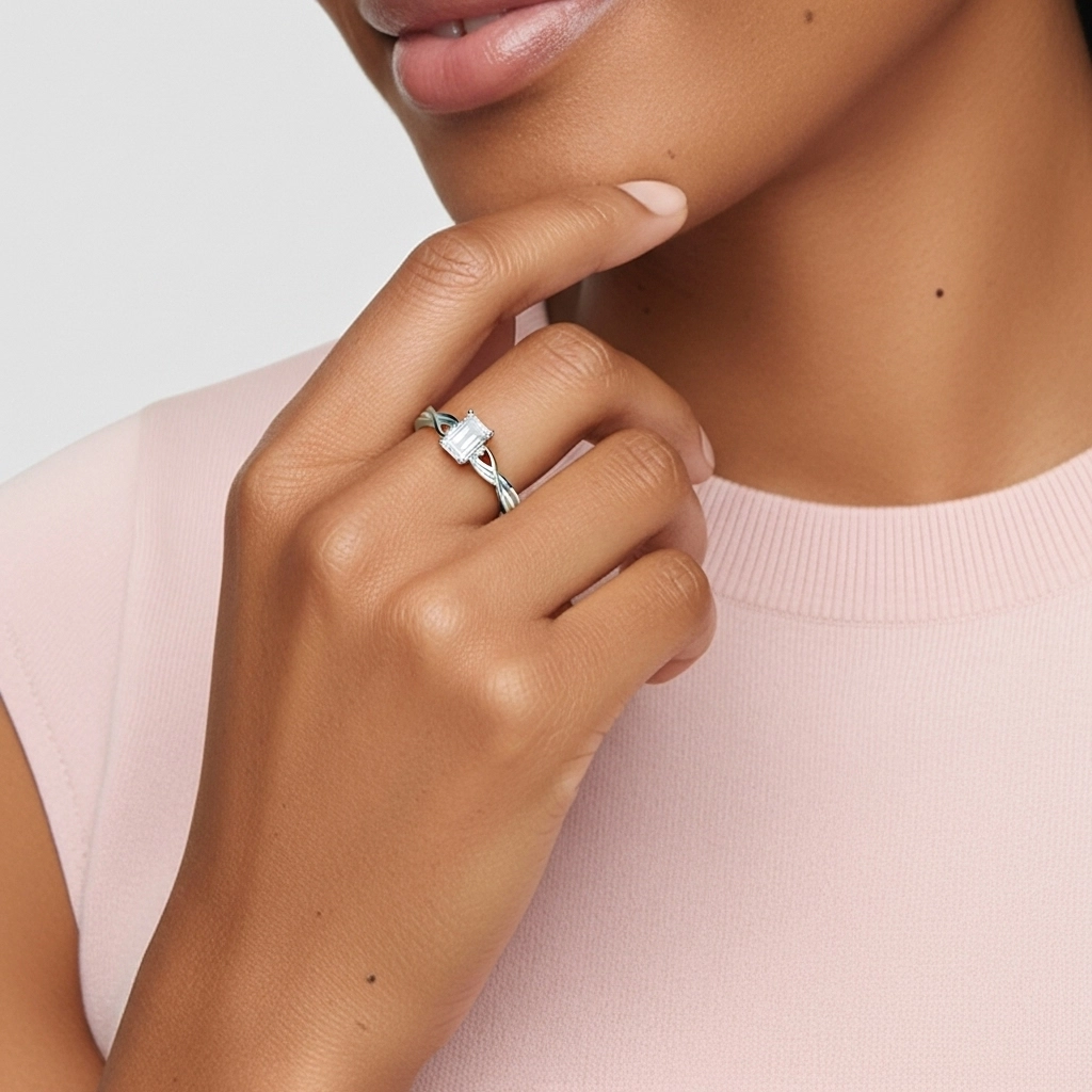 Modern Heart Emerald Cut Engagement Ring