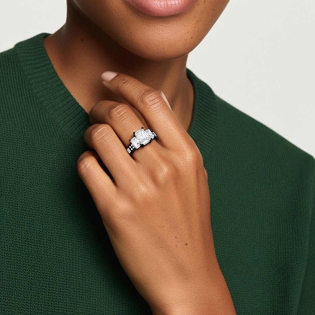 925 Sterling Silver Three Stone Baguette Straight Shank Engagement Ring