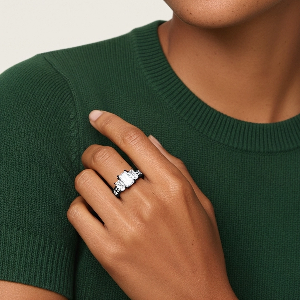 925 Sterling Silver Three Stone Baguette Straight Shank Engagement Ring