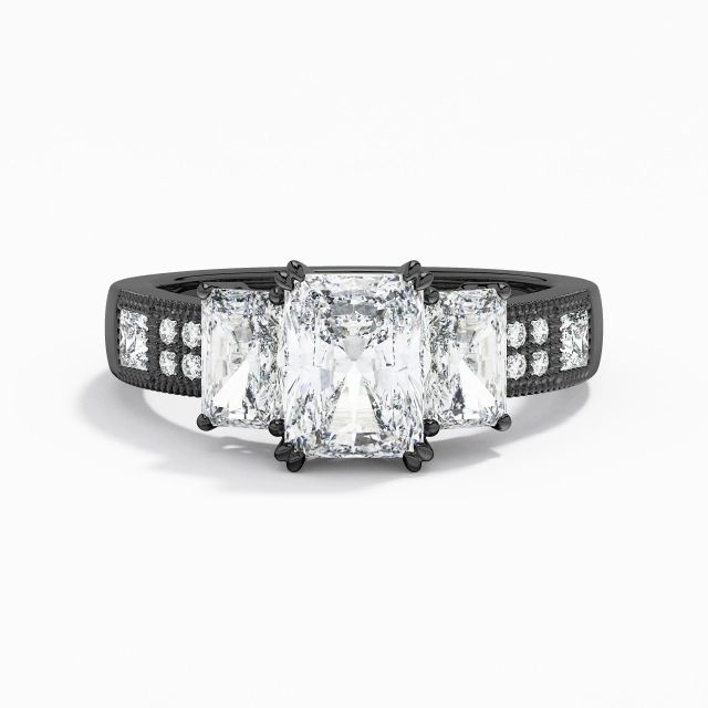 Black Three Stone Baguette Glory Beaded Milgrain 2.00ct Moissanite Engagement Ring Straight Shank 925 Sterling Silver