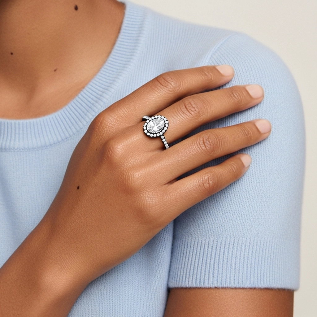 Argent sterling 925 Halo Tige Droite Bague de fiançailles