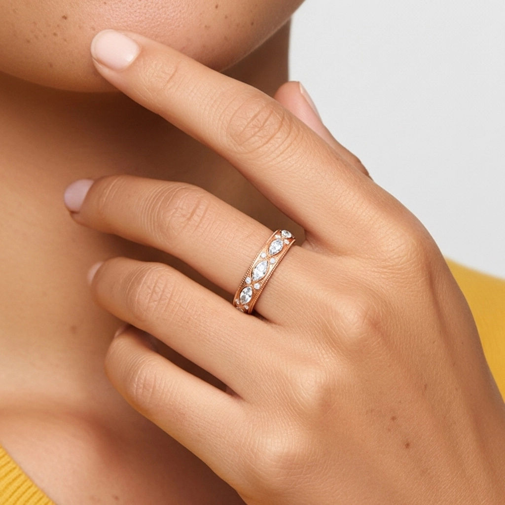 Rétro Perlé Volutes Moissanite Alliance