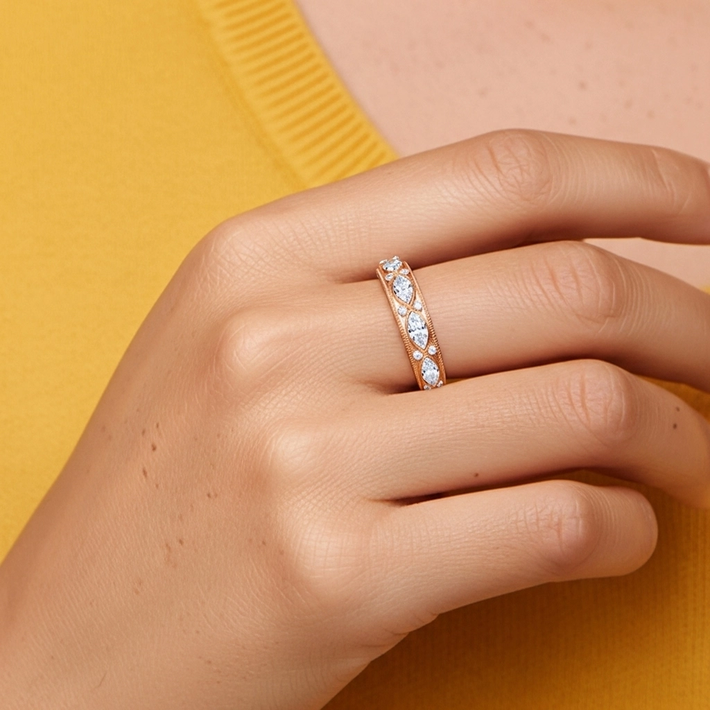 Rétro Perlé Volutes Moissanite Alliance