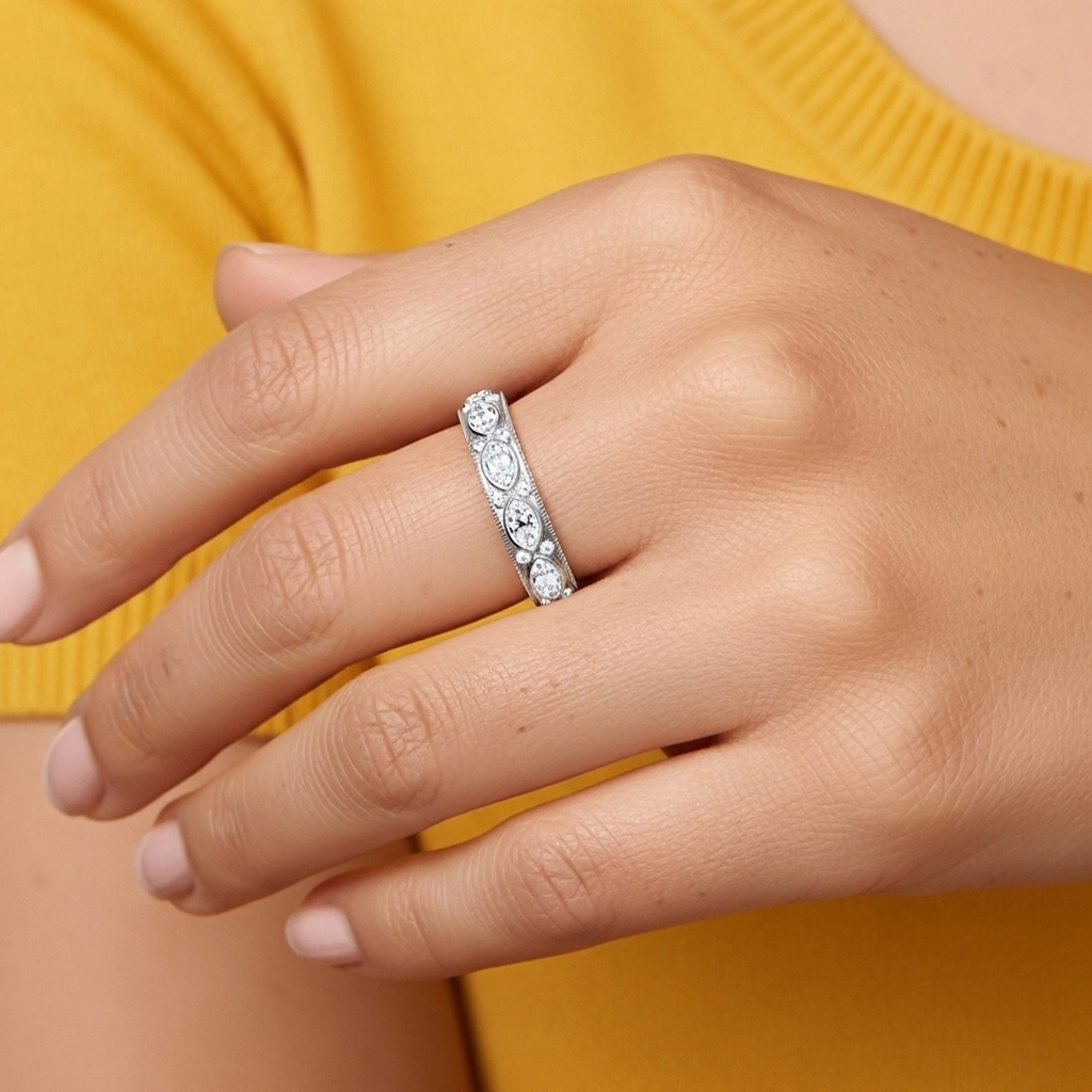 Rétro Perlé Volutes Moissanite Alliance