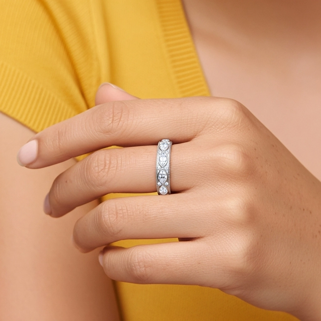 Rétro Perlé Volutes Moissanite Alliance