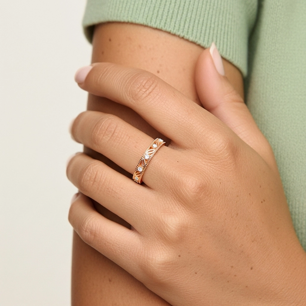 Rétro Nature Perlé Découper Feuille Moissanite Bague de mariage