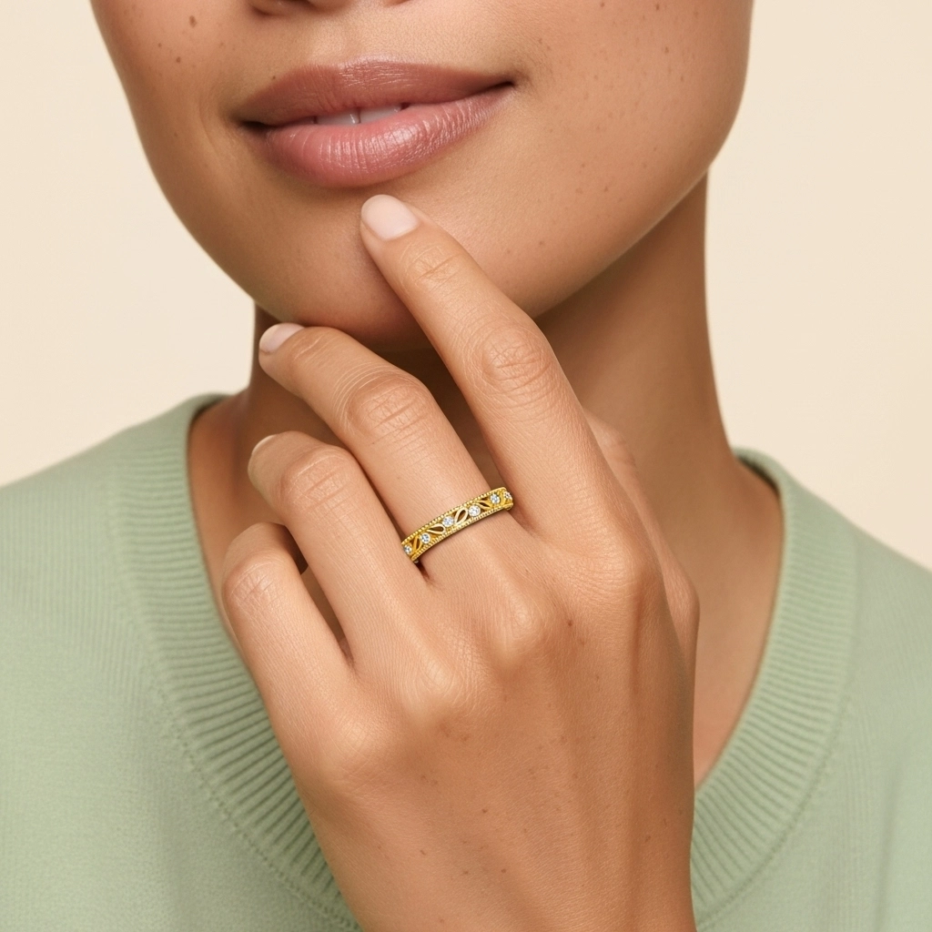 Rétro Nature Perlé Découper Feuille Moissanite Bague de mariage