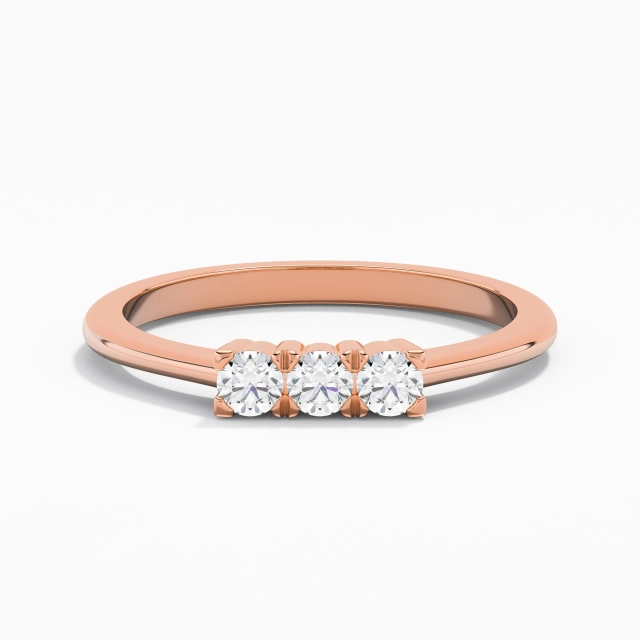 Reverse Tapered Dainty Three Stone Wedding Ring Moissanite Round 14K Rose Gold