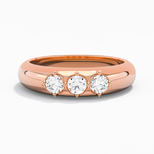 14K Rose Gold Three Stone East West Embedded Wedding Ring Polish Dainty Round Moissanite Tapered
