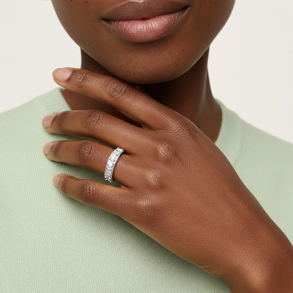 Rétro Large Perlé Moissanite Alliance