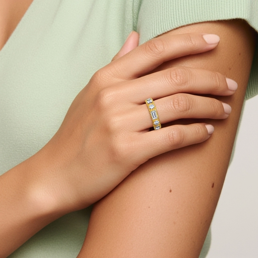 Rétro Large Perlé Moissanite Alliance