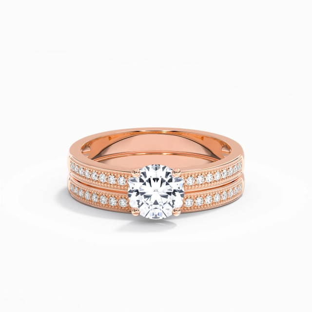 14K Rose Gold Pavé Bridal Set Polish Retro Beaded Round Moissanite 1.00ct Straight Shank