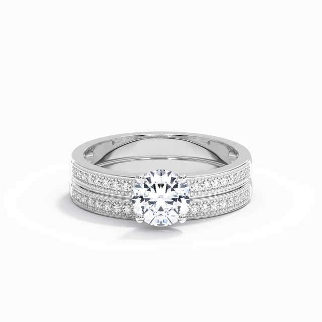 Argent sterling 925 Pavé Ensemble nuptial Placage Or blanc Rétro Perlé Rond Moissanite 1.00ct Tige Droite Argent sterling 925 Pavé Ensemble nuptial Placage Or blanc Rétro Perlé Rond Moissanite 1.00ct Tige Droite