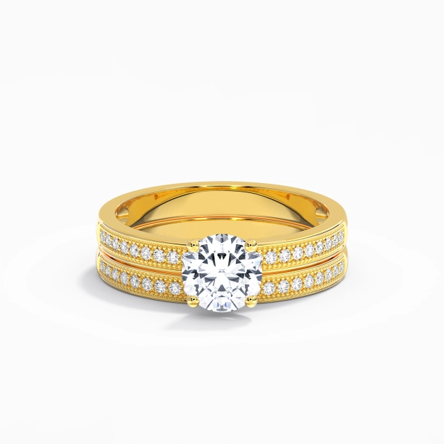 925 Sterling Silver Pavé Bridal Set Plating 18K Yellow Gold Retro Beaded Round Moissanite 1.00ct Straight Shank