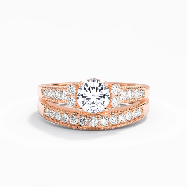 925 Sterling Silver Pavé Bridal Set Plating 18K Rose Gold Vintage Milgrain Round Moissanite 1.00ct Tapered