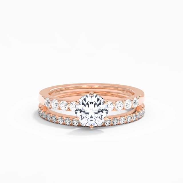1.00ct Rond Moissanite Ensemble nuptial Or rose 14 carats Griffe Classique Tige Droite