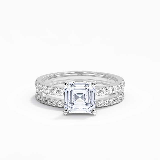 Straight Shank Classic Prong Wedding Ring Set Moissanite 2.00ct Asscher 925 Sterling Silver