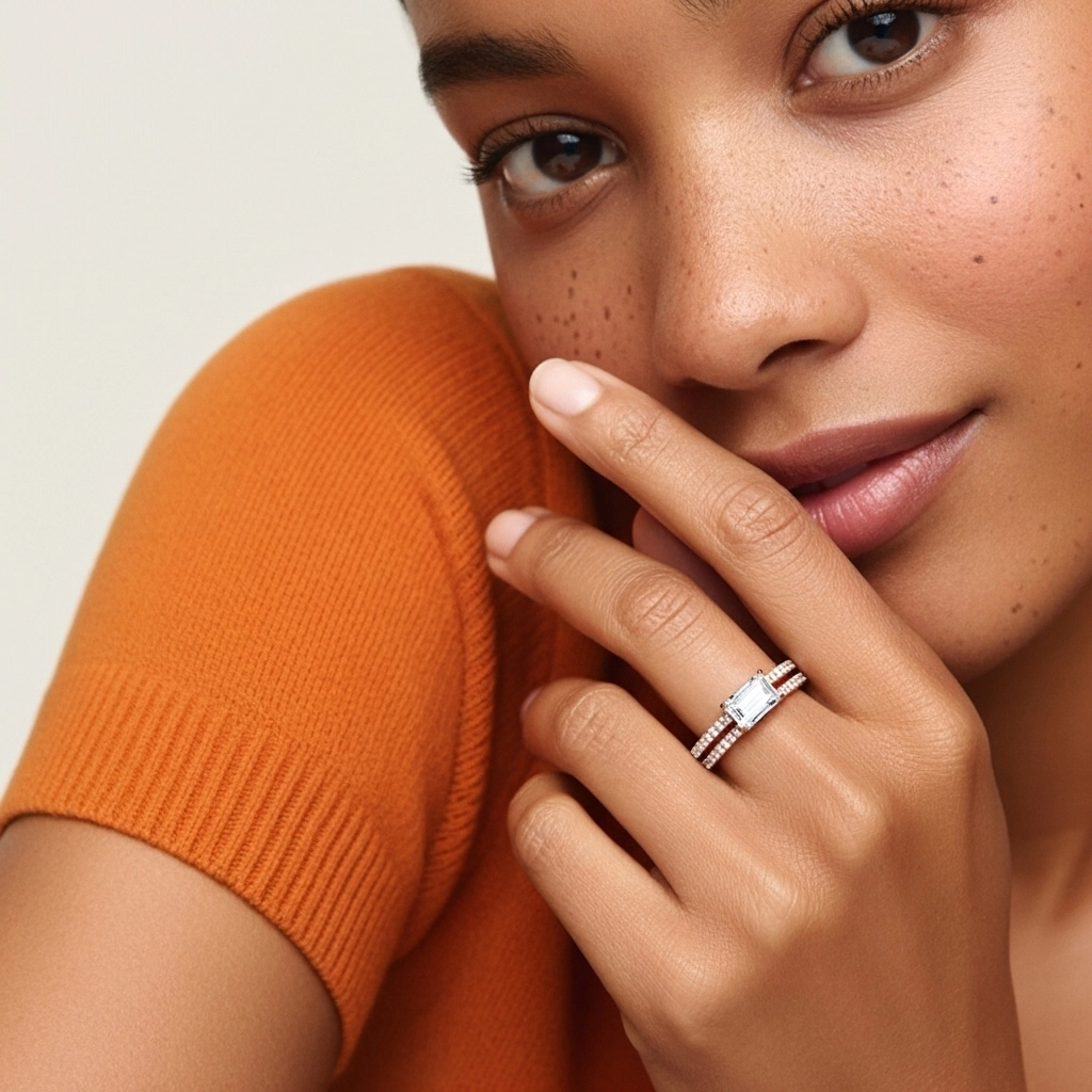 Or rose 18 carats Est Ouest Tige Droite Ensemble nuptial