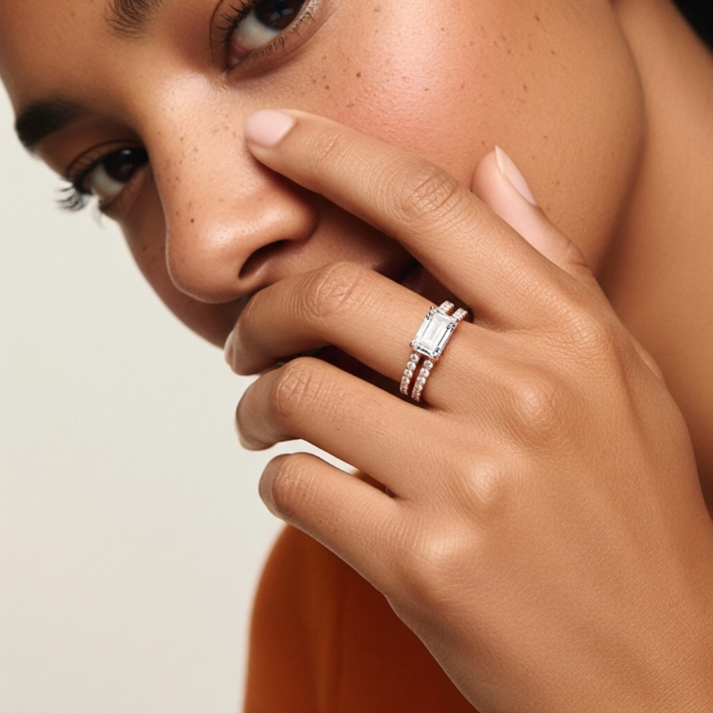 Or rose 18 carats Est Ouest Tige Droite Ensemble nuptial