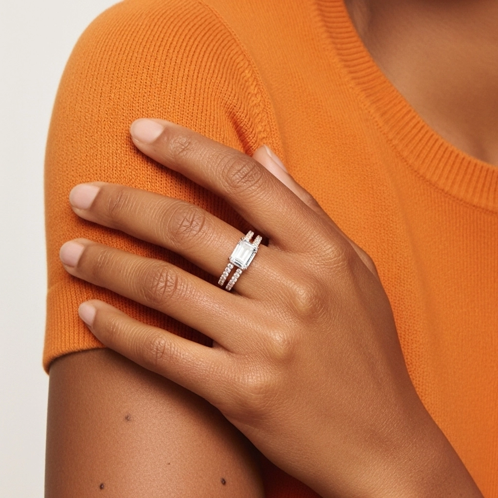 Or rose 18 carats Est Ouest Tige Droite Ensemble nuptial