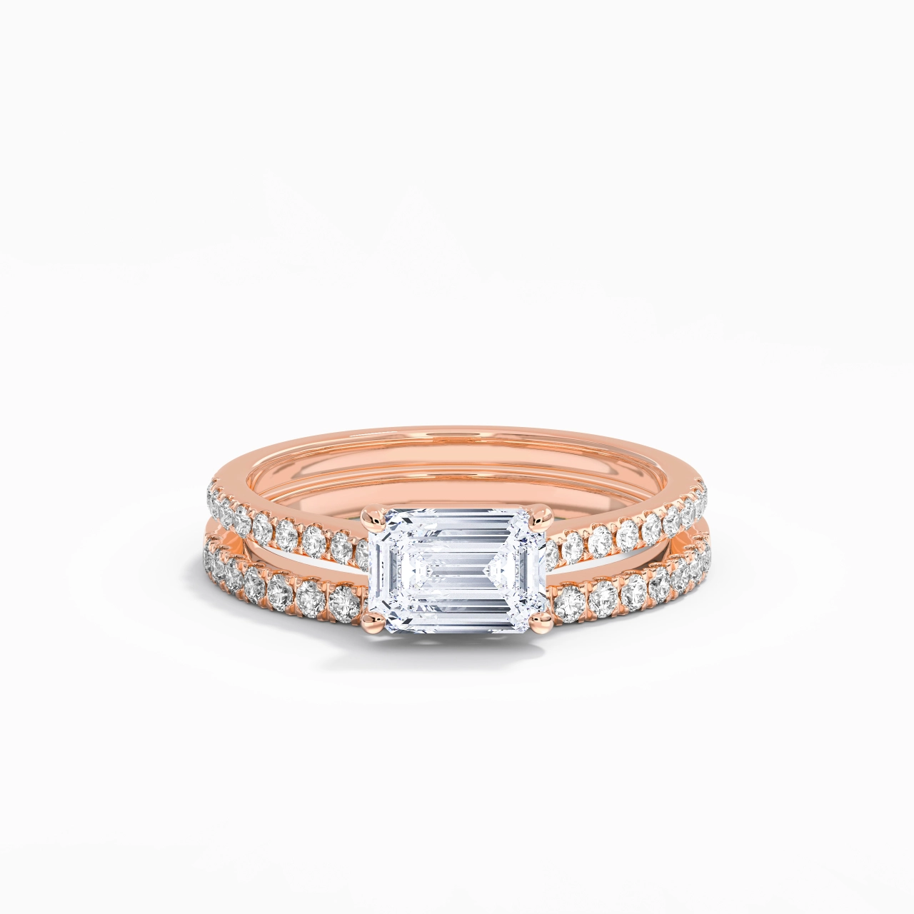 Or rose 18 carats Est Ouest Tige Droite Ensemble nuptial