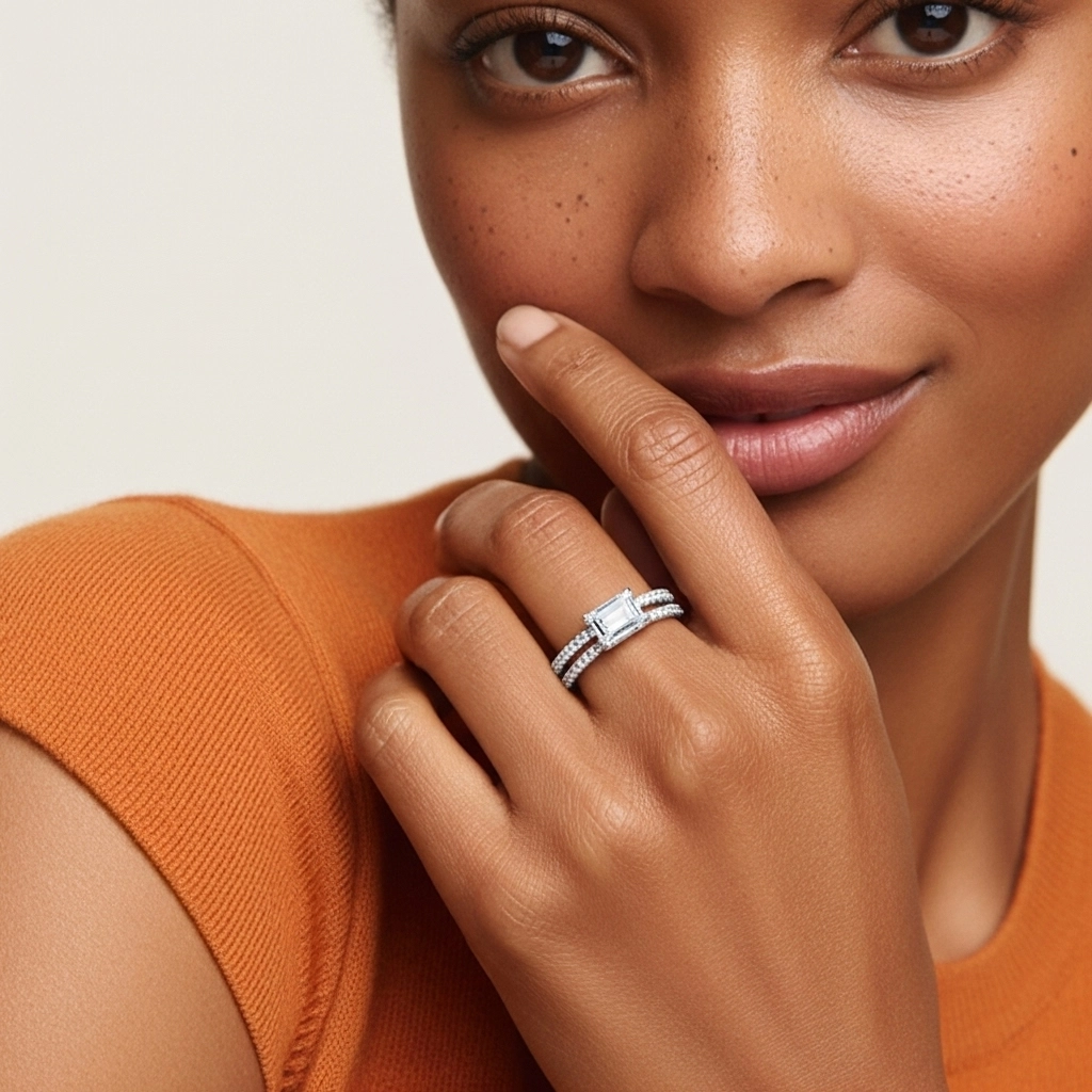 Argent sterling 925 Est Ouest Tige Droite Ensemble nuptial