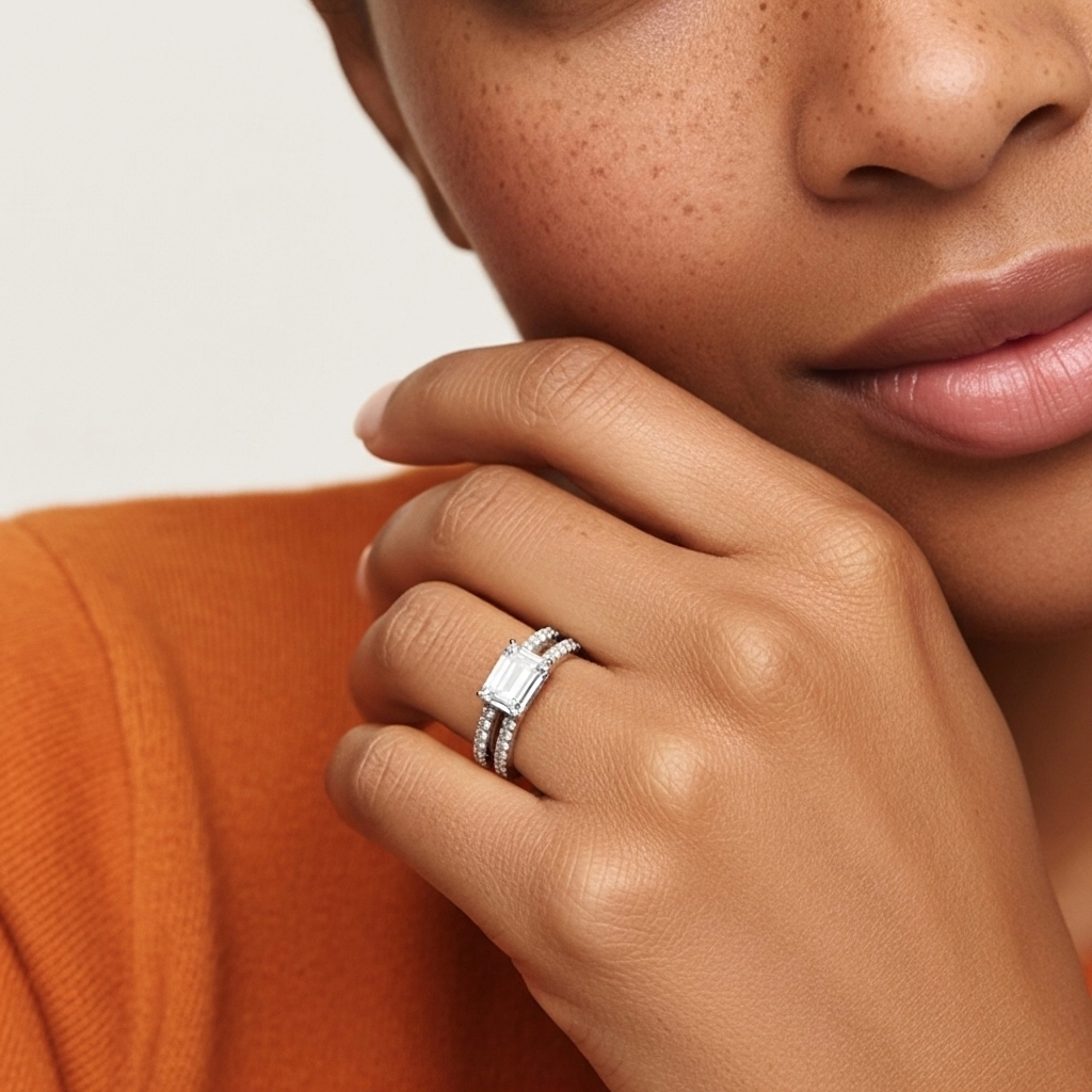 Argent sterling 925 Est Ouest Tige Droite Ensemble nuptial