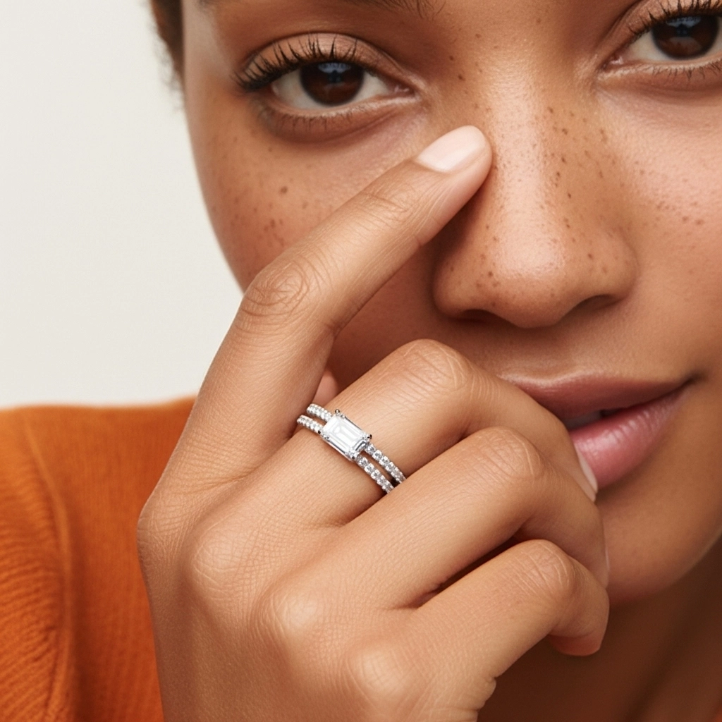 Argent sterling 925 Est Ouest Tige Droite Ensemble nuptial