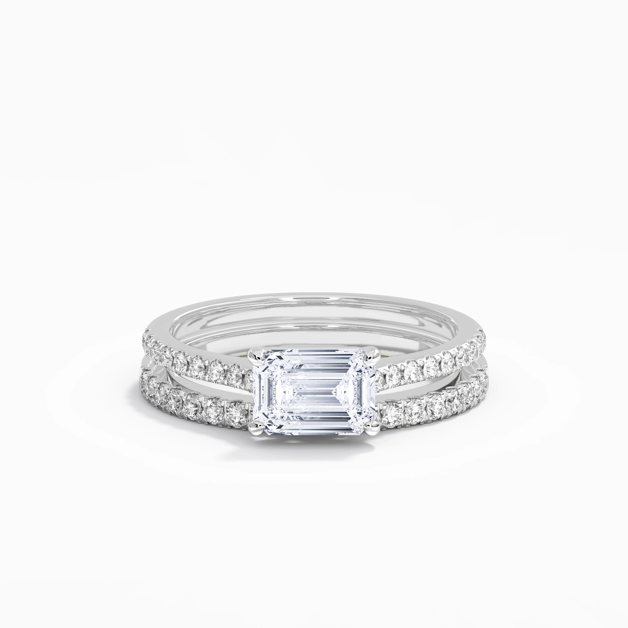 Or blanc 14 carats Est Ouest Tige Droite Ensemble nuptial