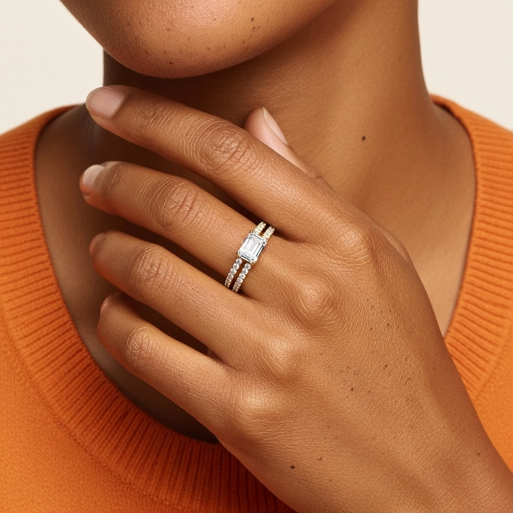 Argent sterling 925 Est Ouest Tige Droite Ensemble nuptial