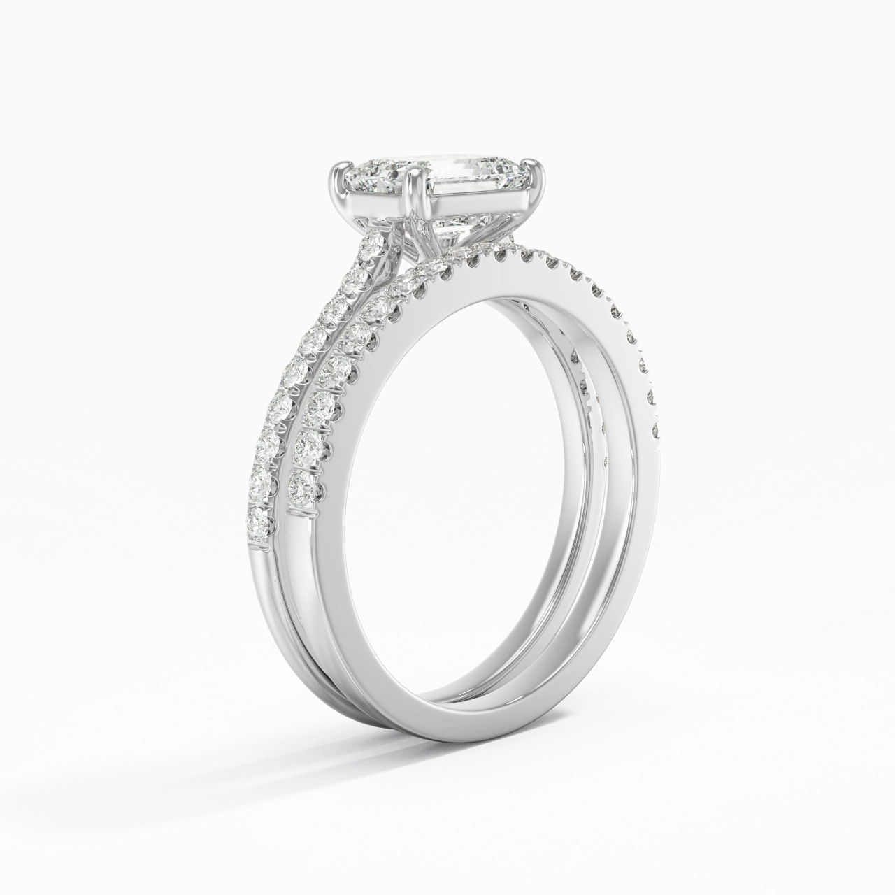 Or blanc 14 carats Est Ouest Tige Droite Ensemble nuptial